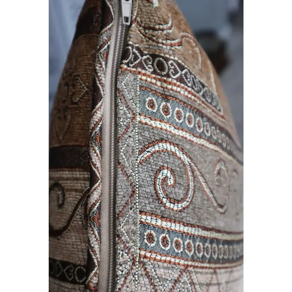 Vintage 90s Boho Pillow SET of 2 LARGE Square Geometric Tapestry Brown Cream